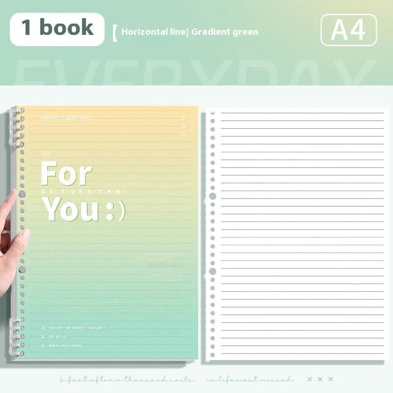 Removable coil gradient notepad in green, blue, pink, or purple with A4 and B5 size options.