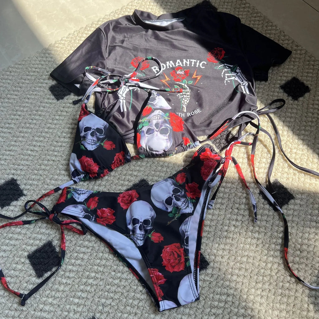 Women's three-piece swimwear set with skull rose print in red or green colours