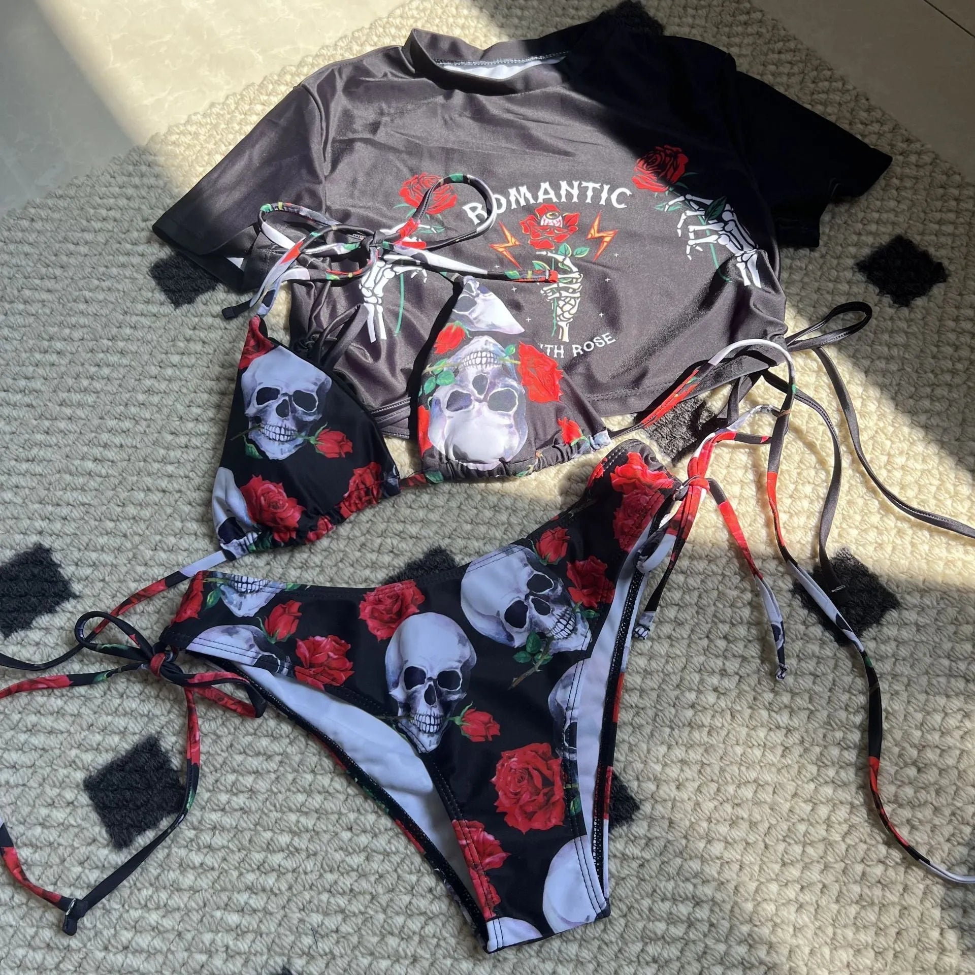 Women's three-piece swimwear set with skull rose print in red or green colours