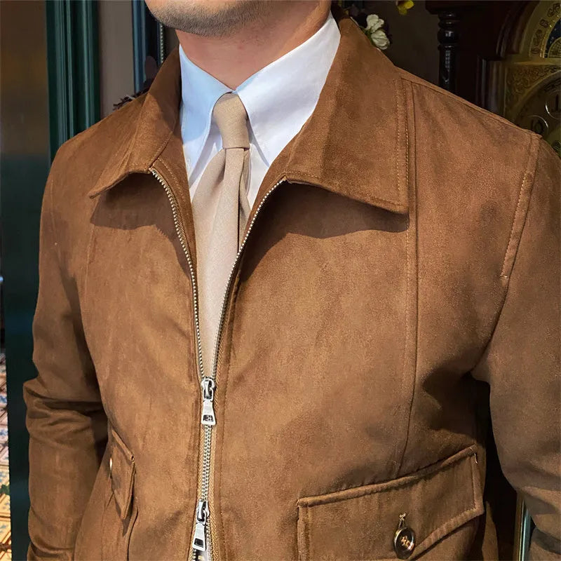Men's suede coffee bomber jacket in dark brown with zip front and flap closure