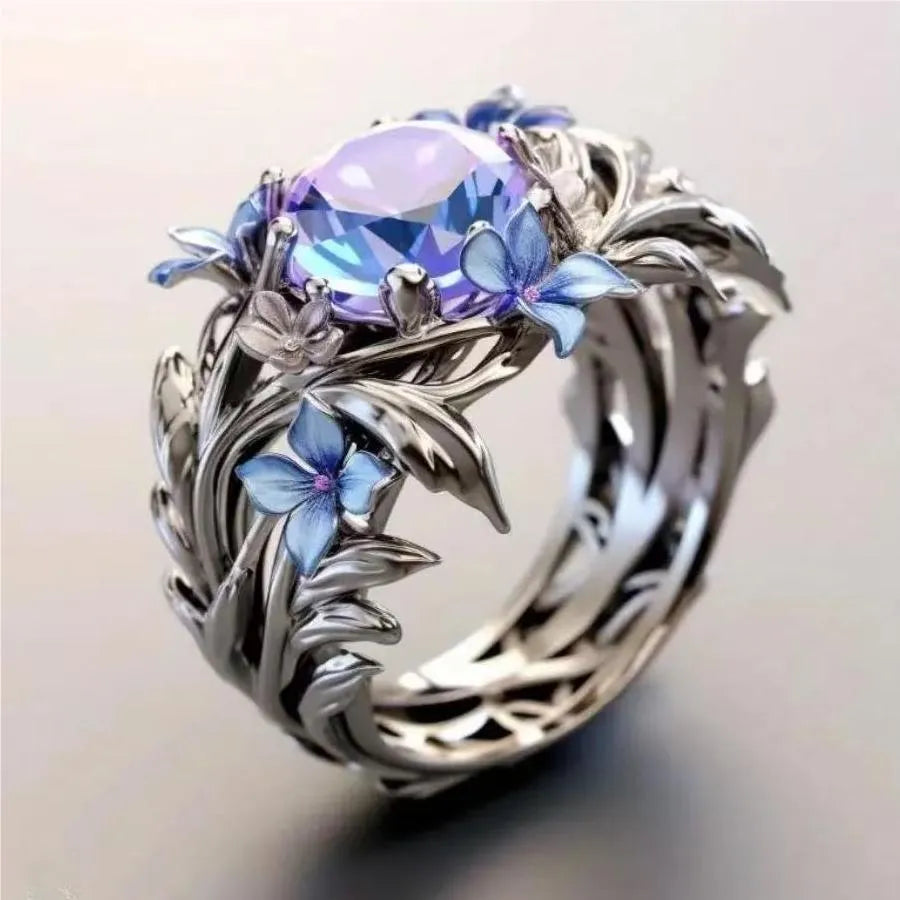 Silver enamel oil process ring for women, zinc alloy with electroplating, sizes 6 to 10