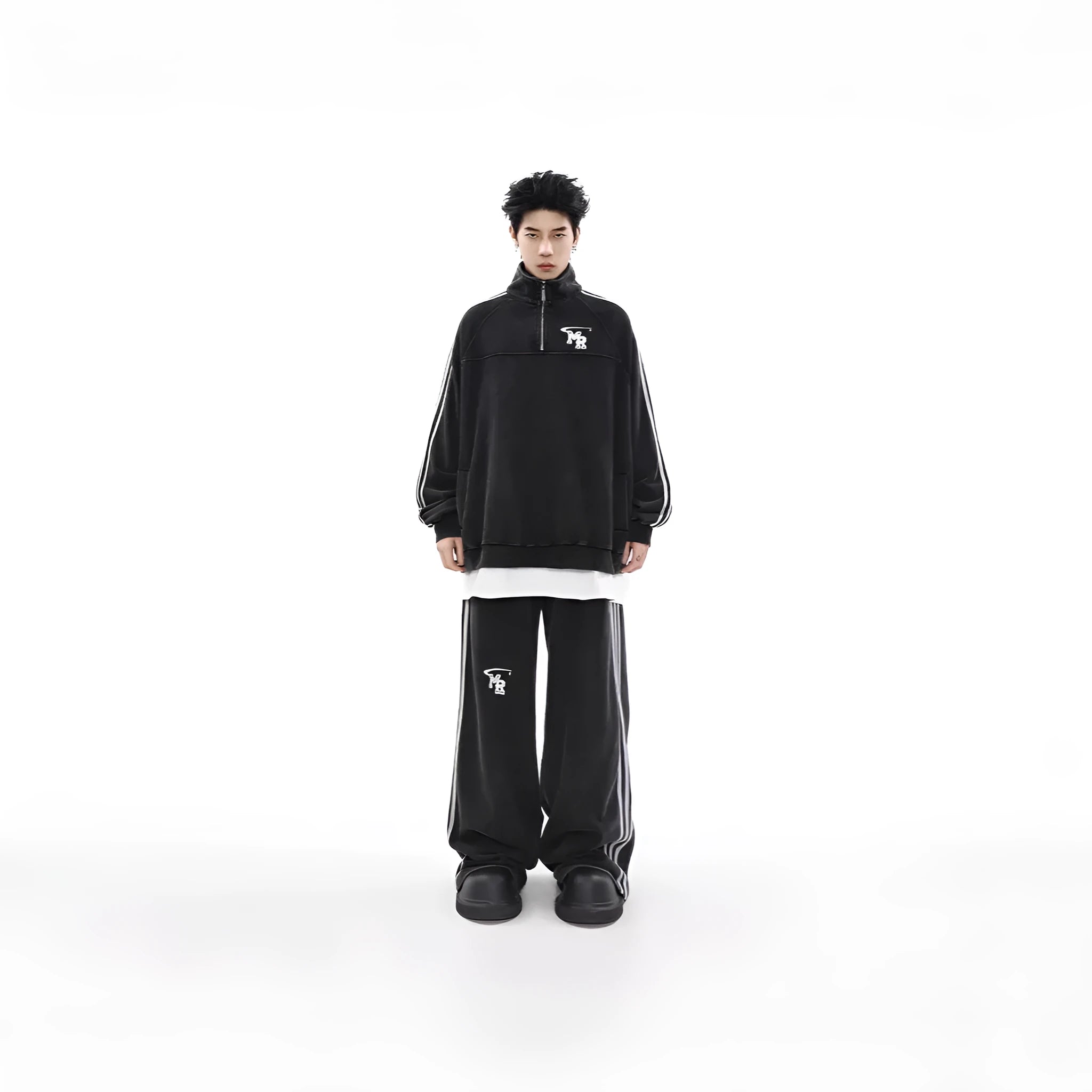 Black Hong Kong style retro hoodie with a stand collar on a hanger
