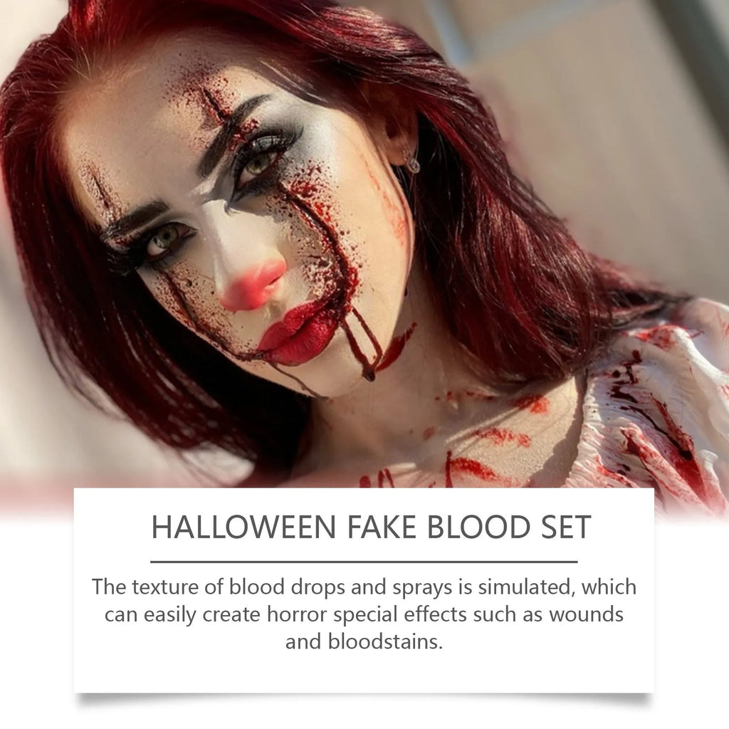 Washable simulation fake blood special effects makeup 3-piece set with bottles and soap.