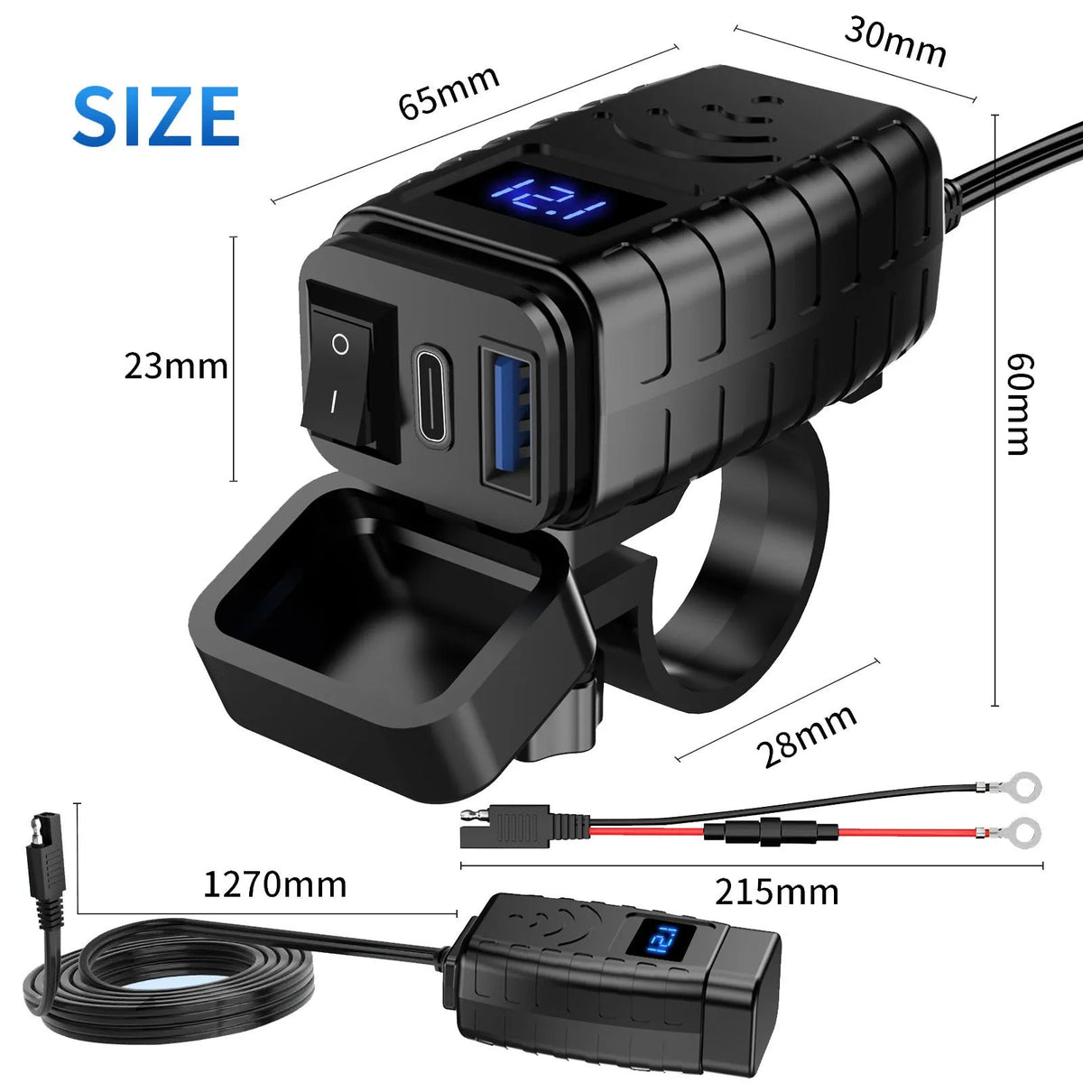 Motorcycle mobile phone charger with waterproof digital display and blue screen, 150cm cable, for most motorcycles.