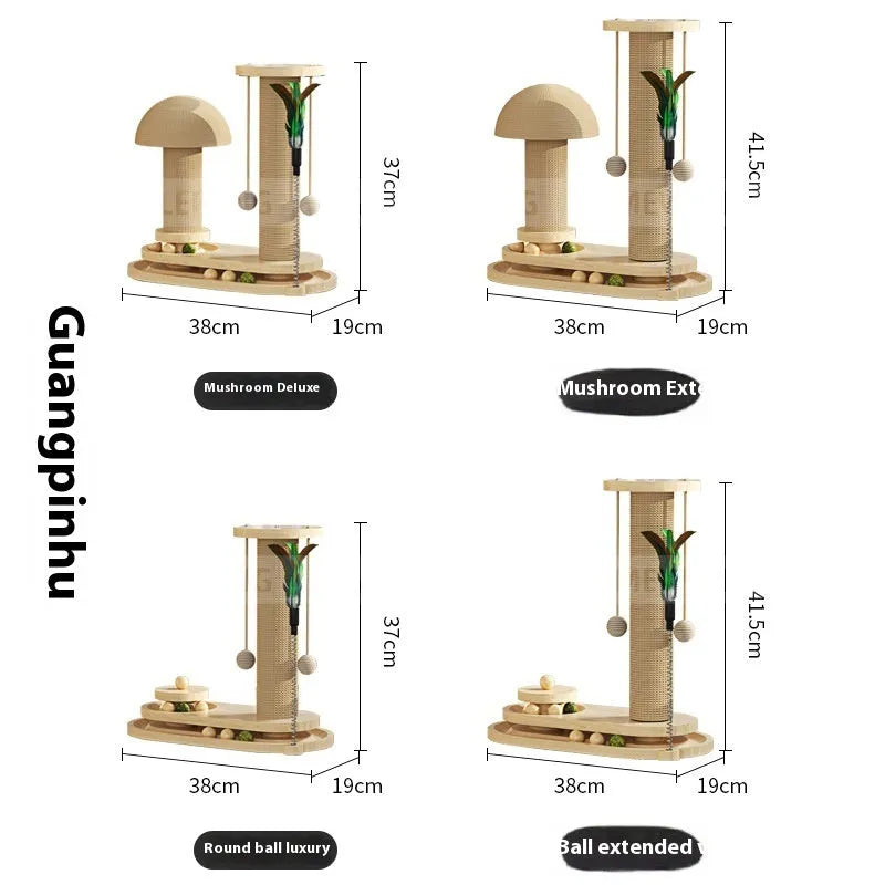 Solid wood cat scratching post with a rotating turntable, shown in a basic big flower style