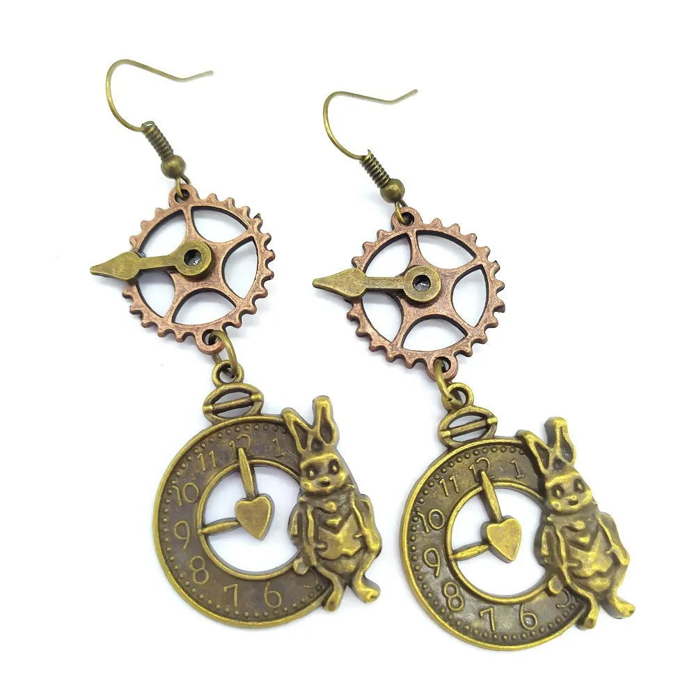 Alloy steampunk rabbit clock gear pointer earrings for women in antique silver