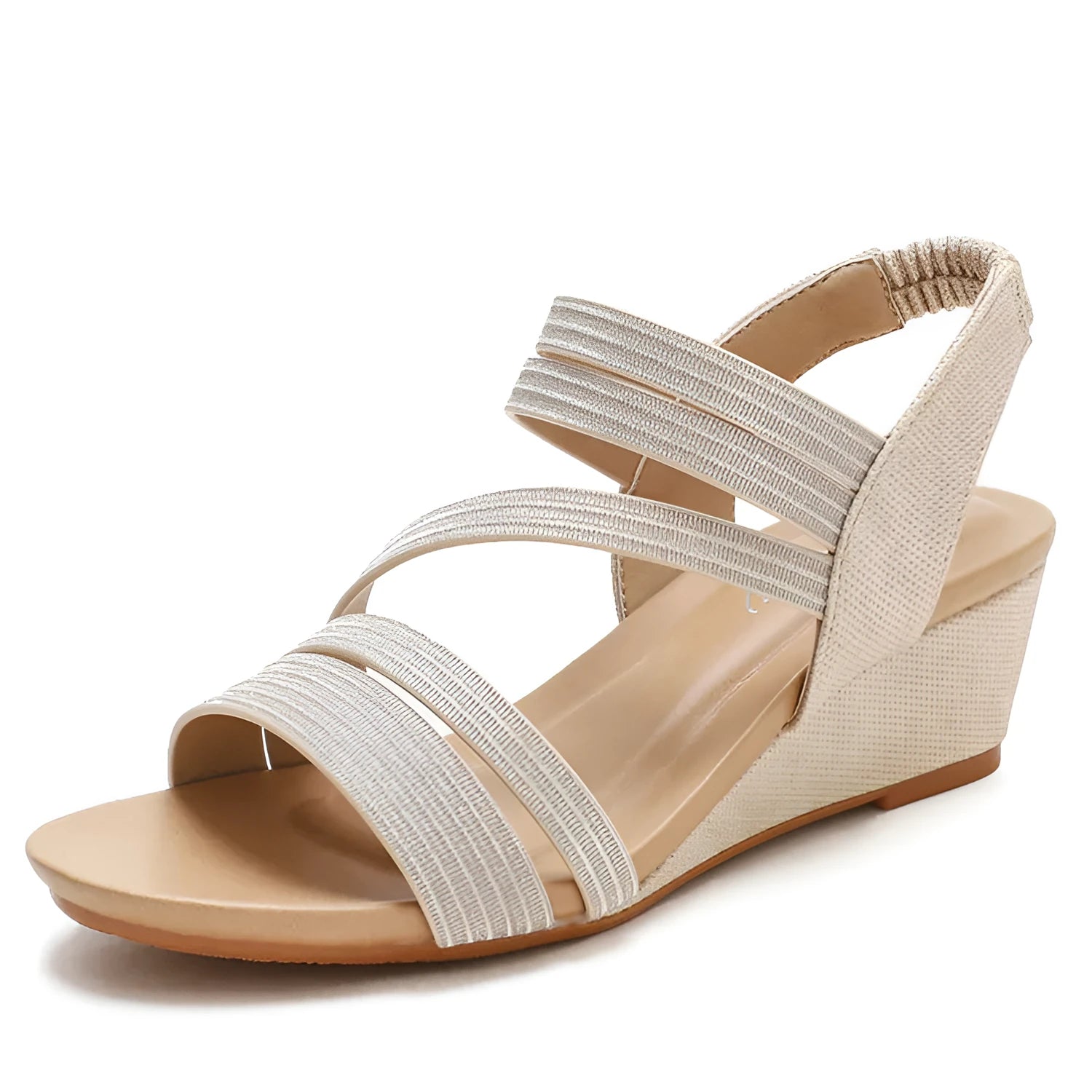 Women's gold platform sandals with a mid-heel on a white background