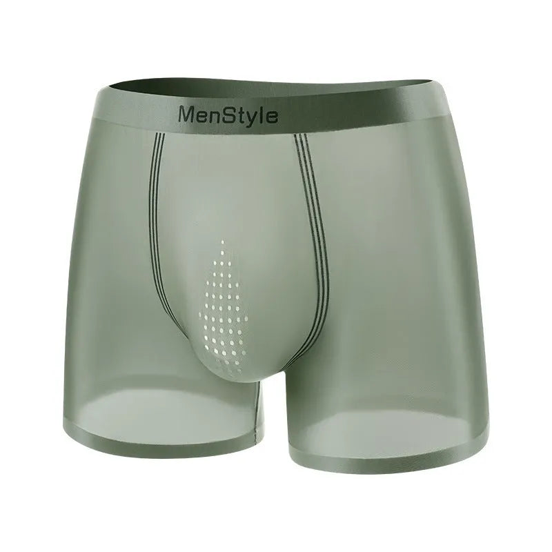 Men's seamless boxer shorts in satin ice silk nylon showing single-layer crotch construction