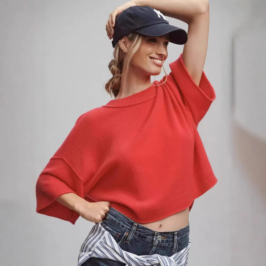 Red cropped T-shirt with regular sleeves on white background showing Hot Girl Style design