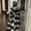 Beige black plaid mid-length loose fit women's woolen coat on hanger, size L to 4XL available