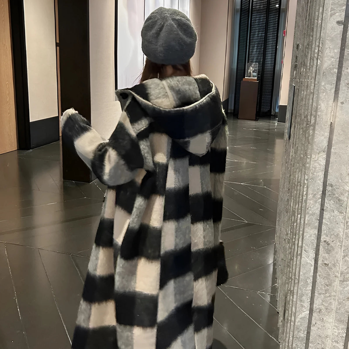 Beige black plaid mid-length loose fit women's woolen coat on hanger, size L to 4XL available