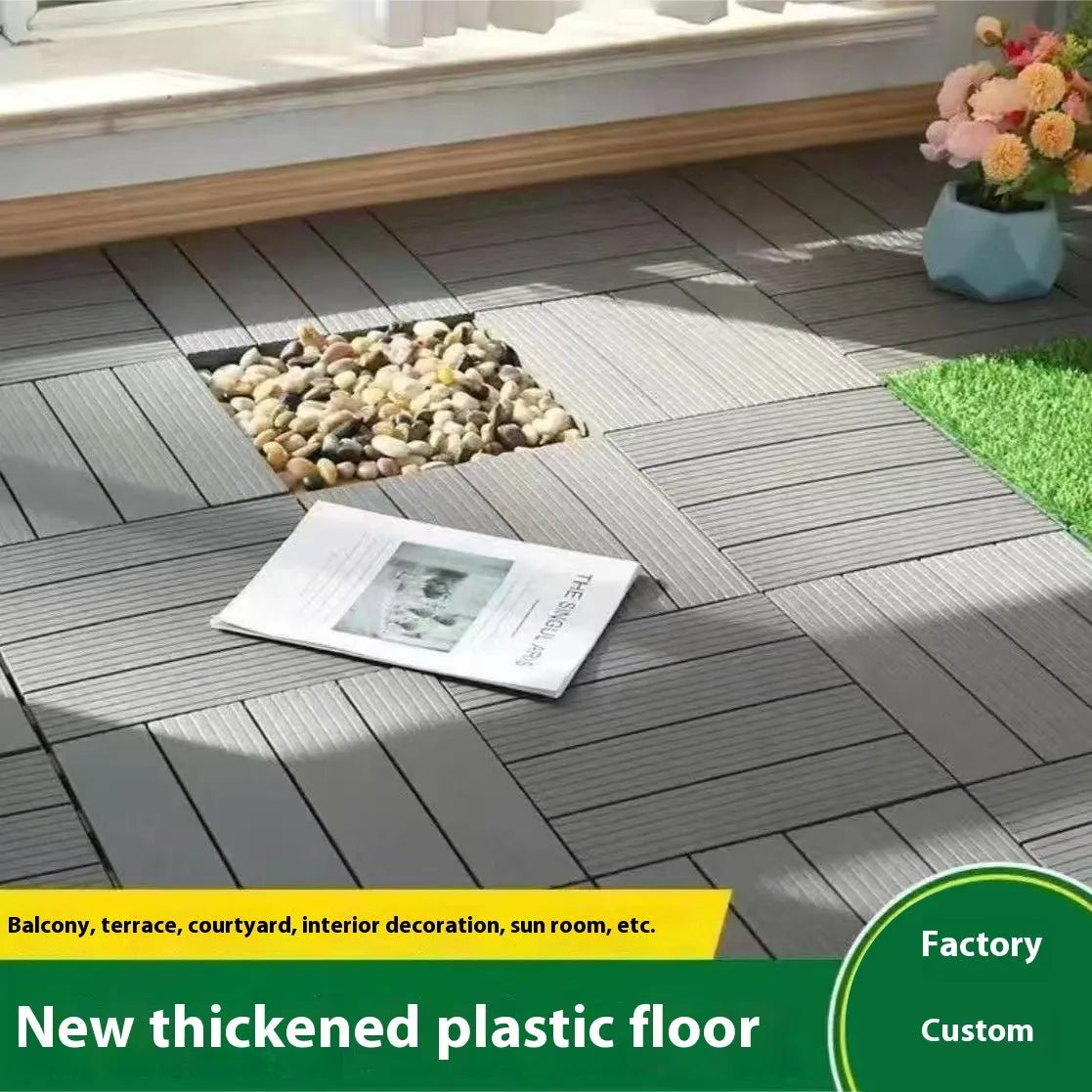 Plastic interlocking floor tiles in wood grain pattern, showing brown and grey colour options.