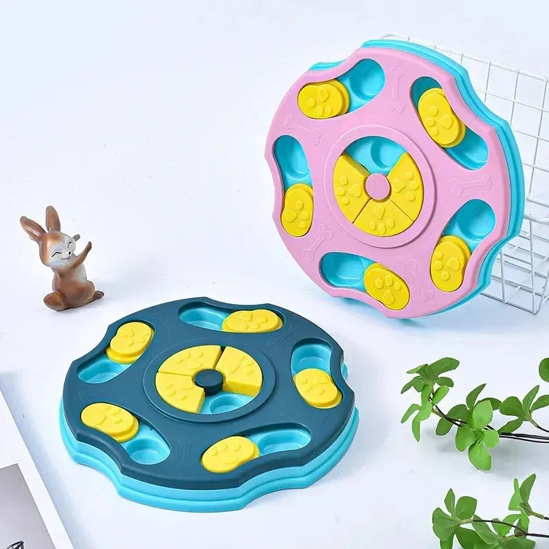 Blue dog puzzle feeder toy with interactive compartments for food dispensing during play