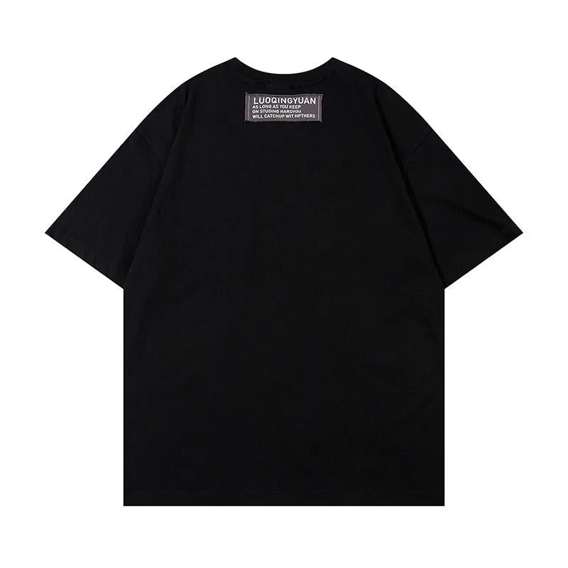 Letter affixed cloth embroidered printed short sleeve men's top in pure cotton black colour