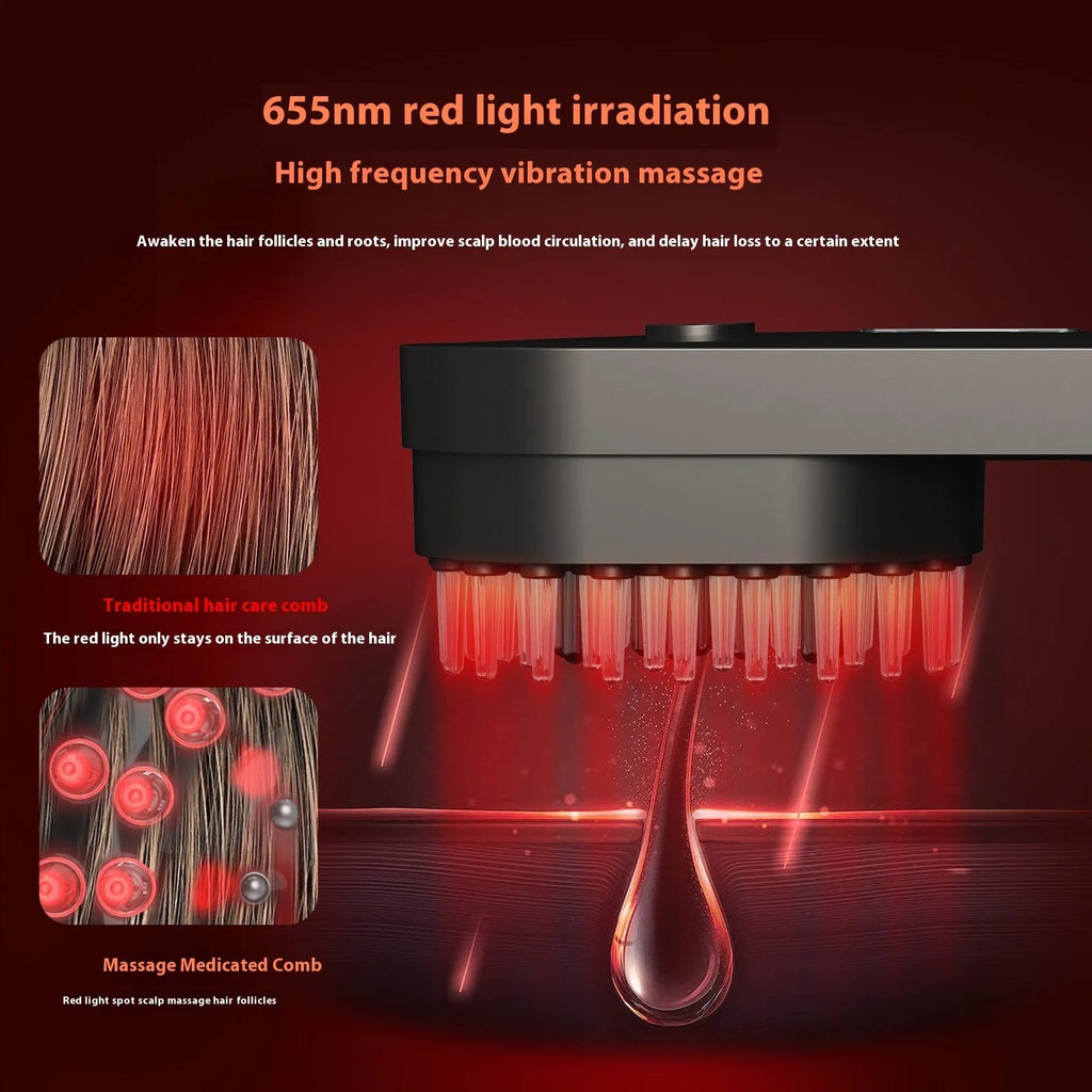 Smart massage comb hair care device with red light therapy function in pink or black colour