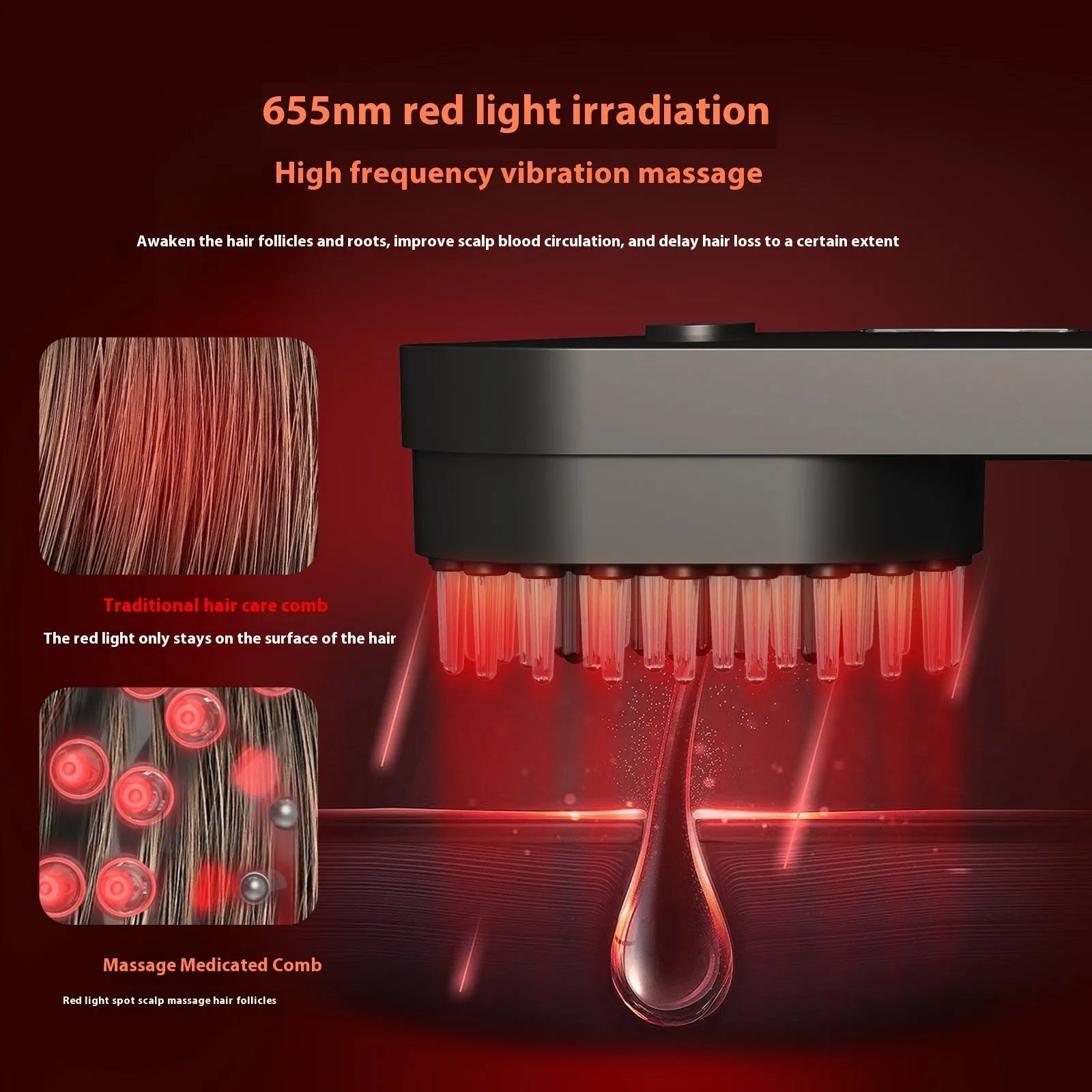 Smart massage comb hair care device with red light therapy function in pink or black colour