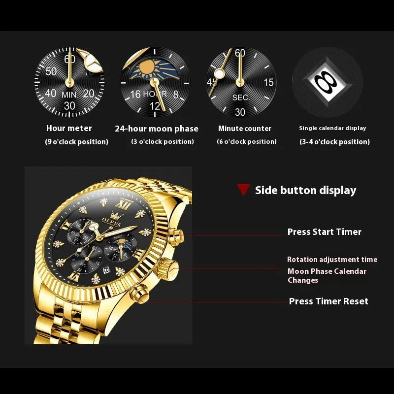 Men's full gold stainless steel quartz watch with round dial and butterfly clasp on a white surface