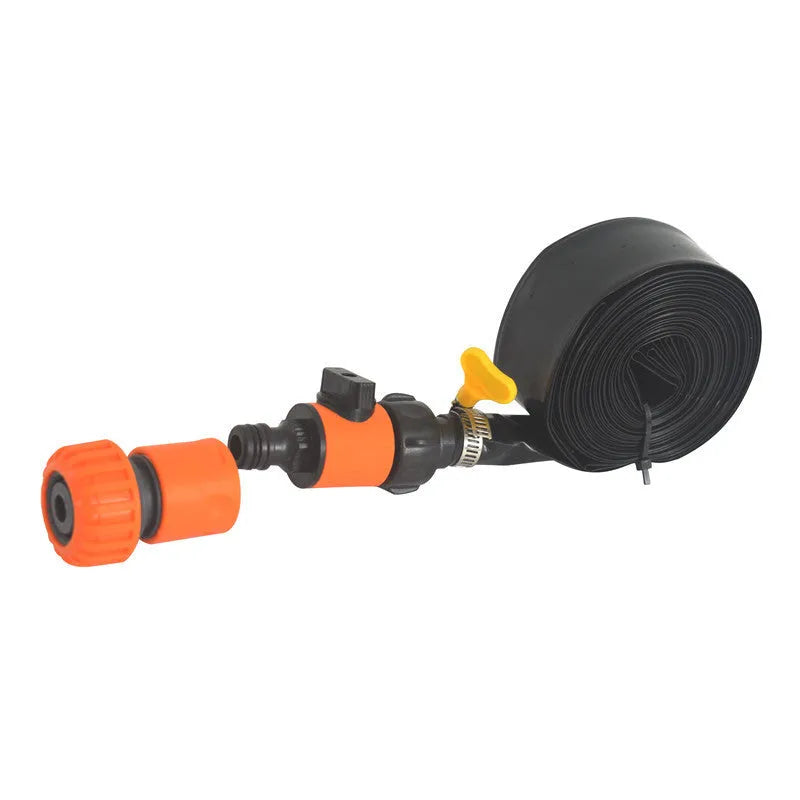 Blue portable garden sprinkler with solar panel and PVC hose on grass