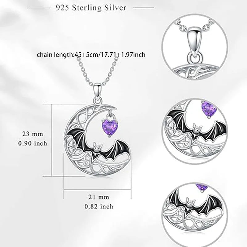 Retro gothic 925 silver bat pendant necklace on O-shaped chain, adjustable 51-60cm, silver colour
