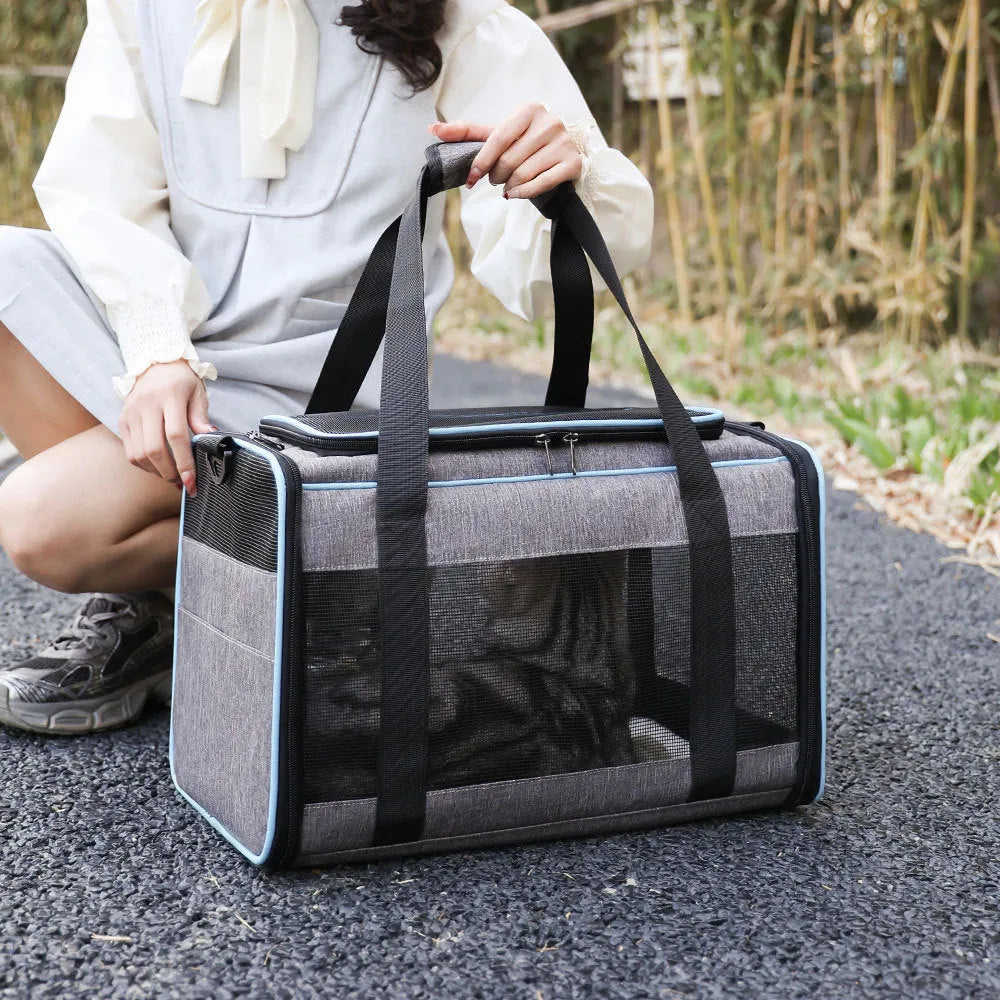 A grey portable pet carrier bag with blue edge trim, made from Oxford fabric, shown with dimensions of 44cm long by 29cm wide.