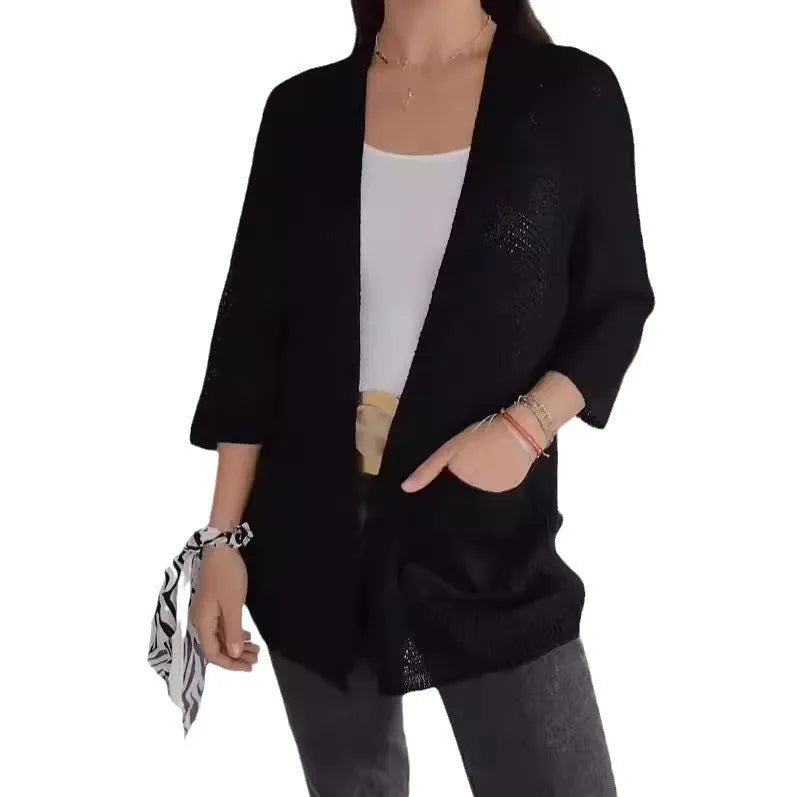 Women's waffle texture cardigan coat with nine-quarter sleeves in army green colour showing side pockets