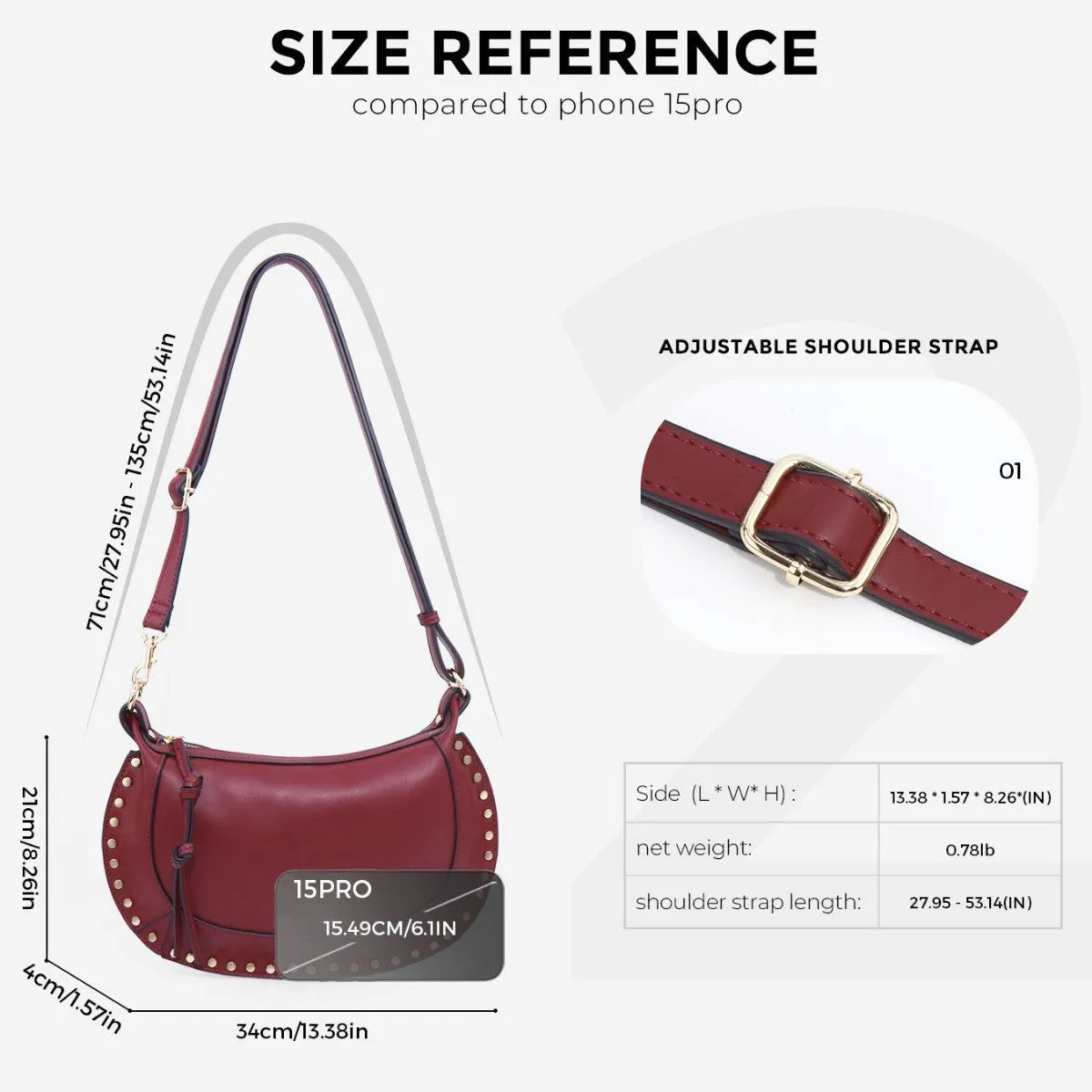 Crescent retro women's shoulder bag in soft PU solid colour with inner pocket, available in wine red black light brown