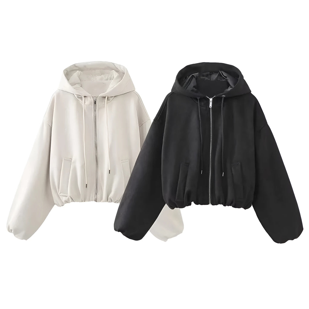 Women's suede hooded jacket in black or white colour showing casual styling and hood detail