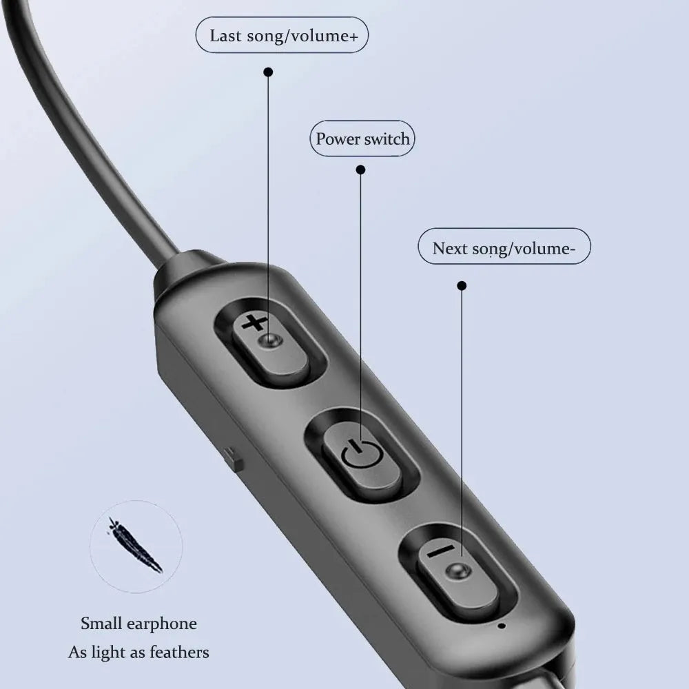 Black wireless neckband sports earphones with custom logo printing area on the neckband.