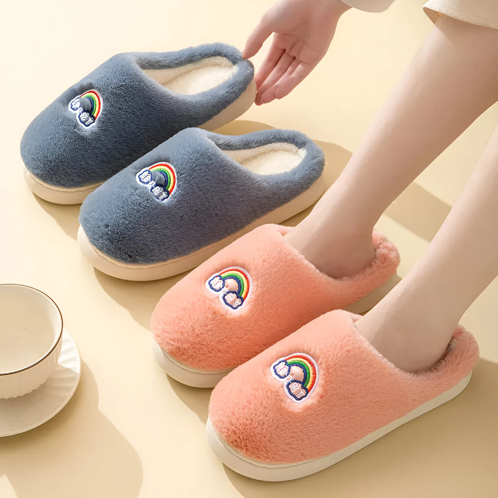 Kawaii rainbow embroidered plush slippers in white, rubber sole, wrapped toe, indoor winter wear