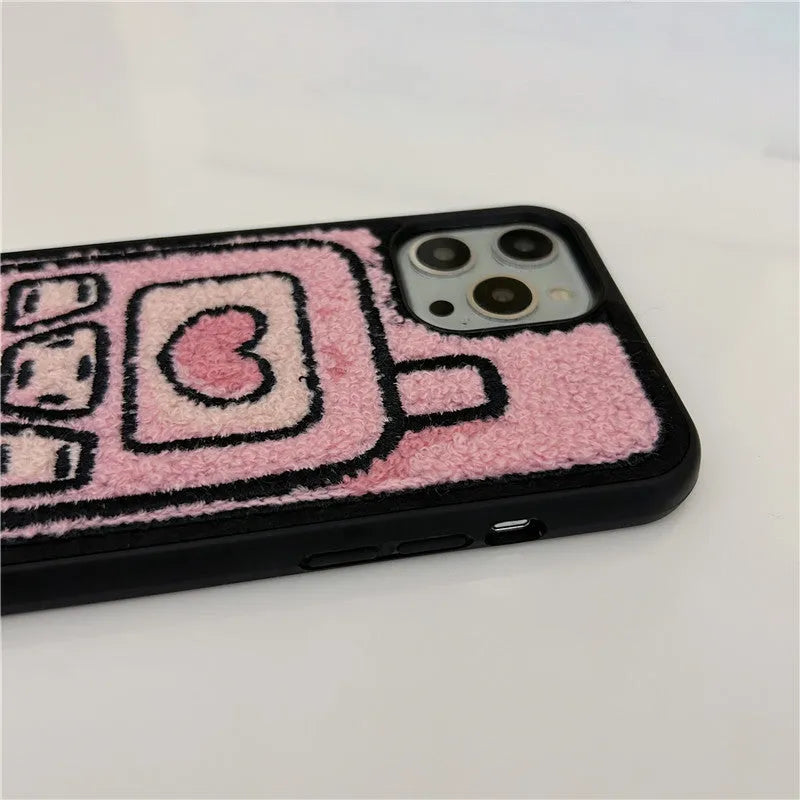 Pink towel-textured embroidered TPU back cover case for iPhone.