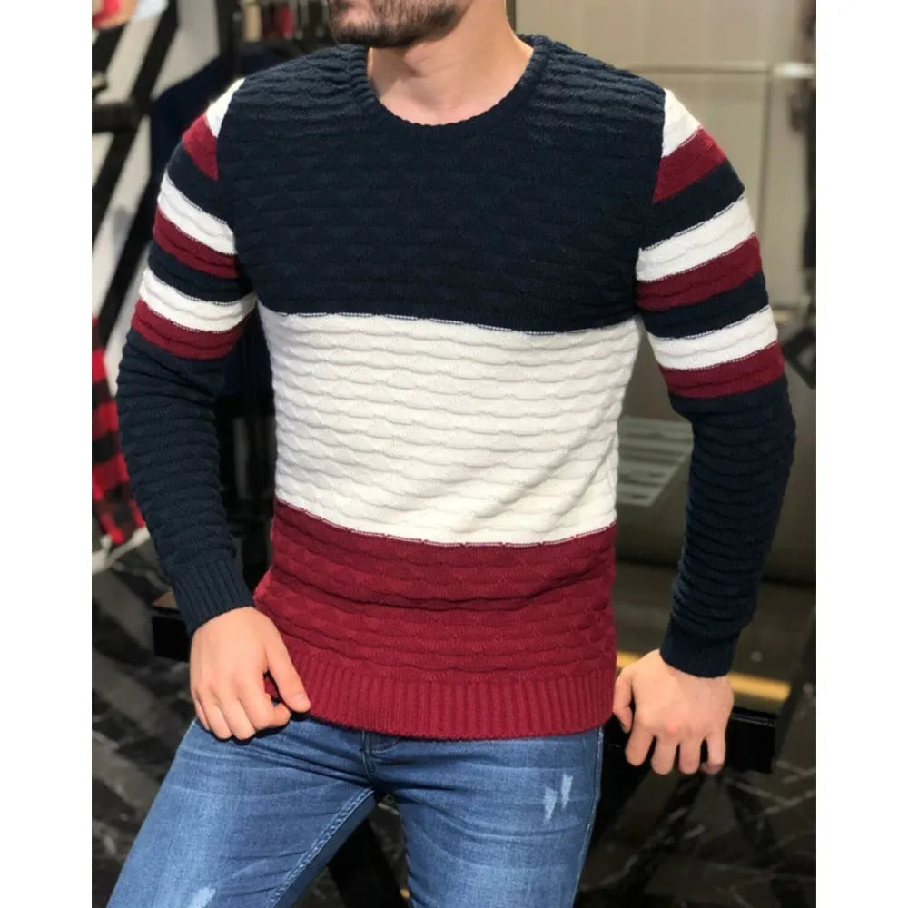 Men's slim fit striped knitted sweater with round neck and long sleeves, shown in purple, light blue, brown and navy blue
