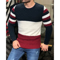Men's slim fit striped knitted sweater with round neck and long sleeves, shown in purple, light blue, brown and navy blue