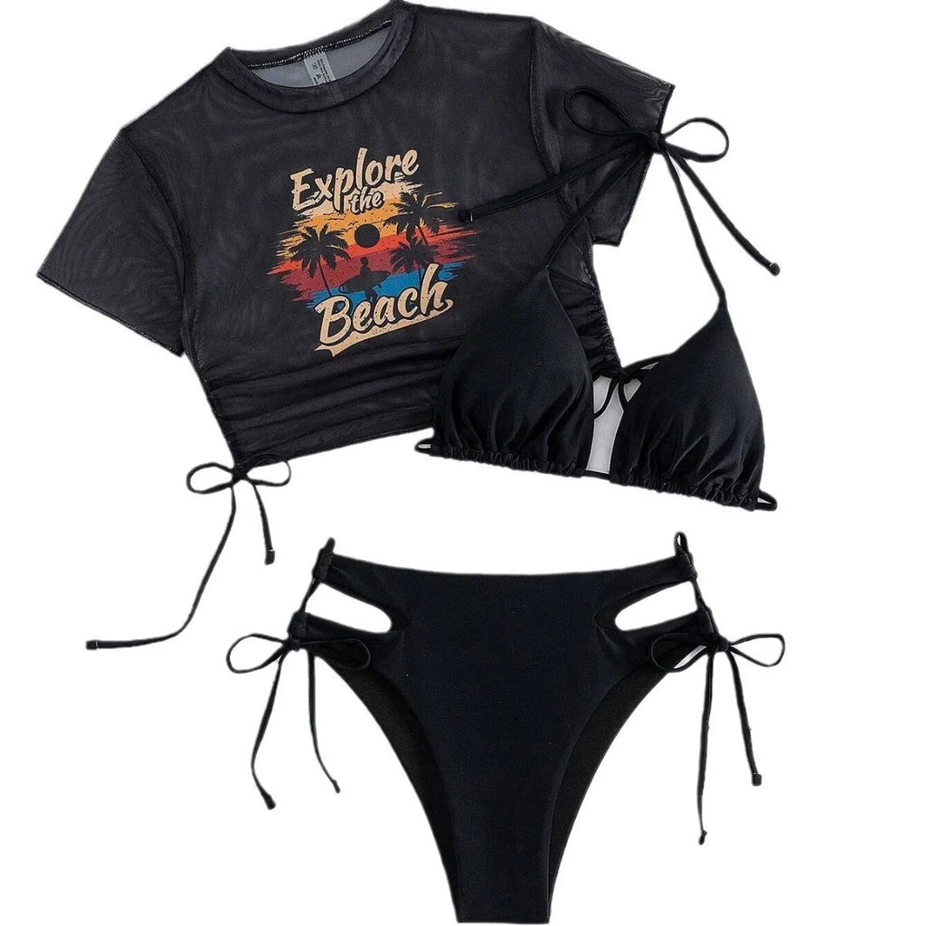 Women's three-piece swimsuit set in nylon, shown in black, white, pink, or orange red