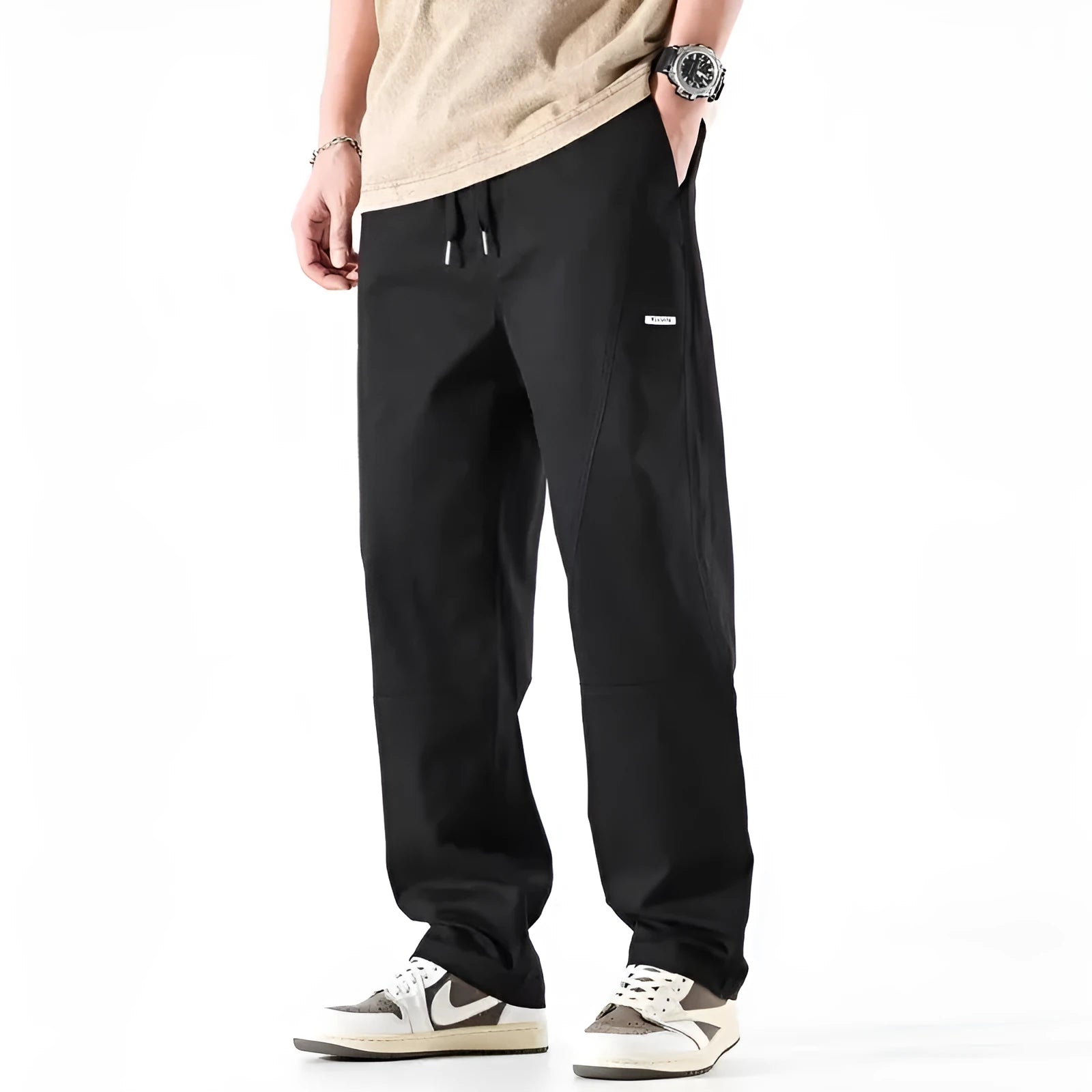 Antibacterial cotton wide-leg trousers in milky white showing the all-matching pants-mouth ankle design.