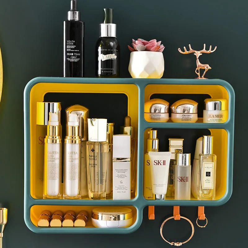 Plastic dust-proof wall shelf in white storing cosmetics and small items, 36.2x27.2x9.3cm