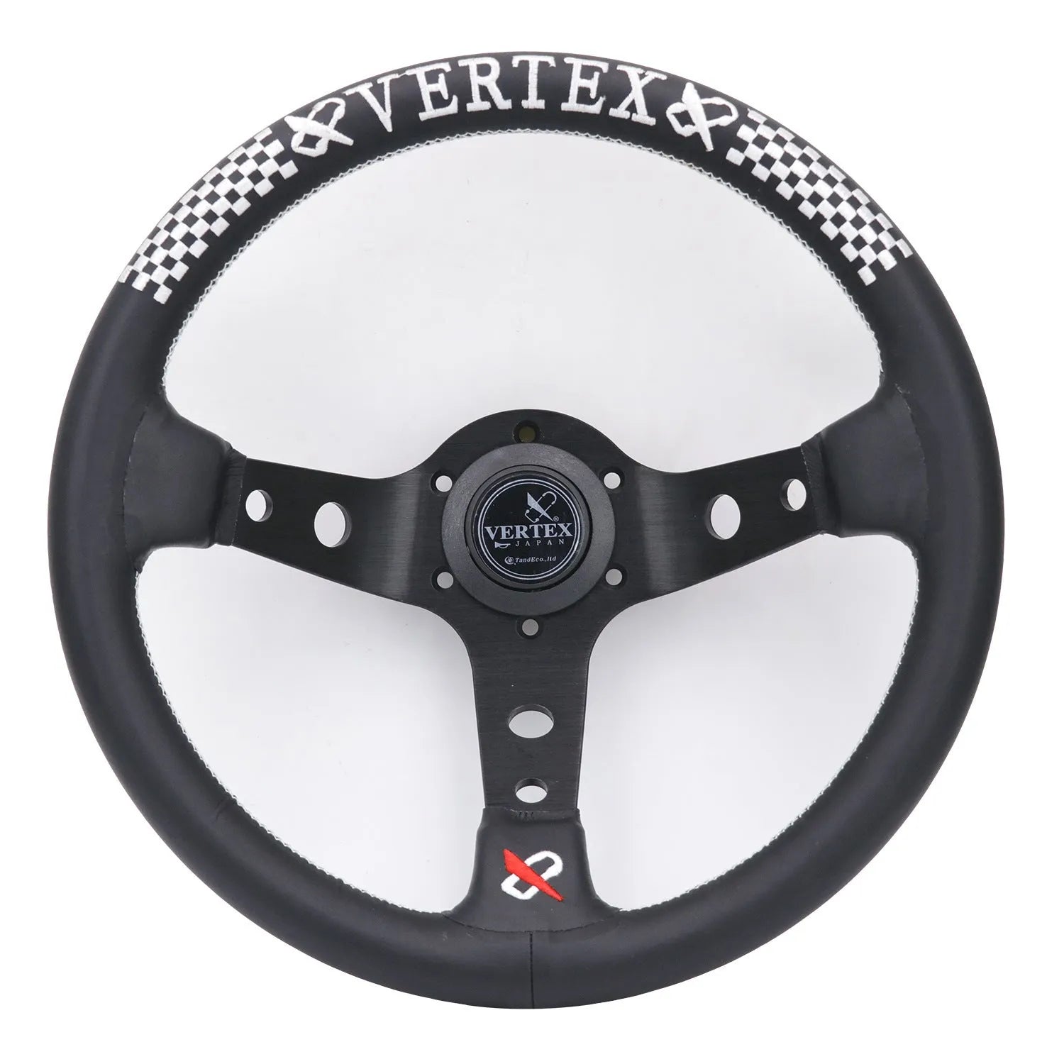 Black alloy racing steering wheel with deep concave rim and star embroidery pattern.