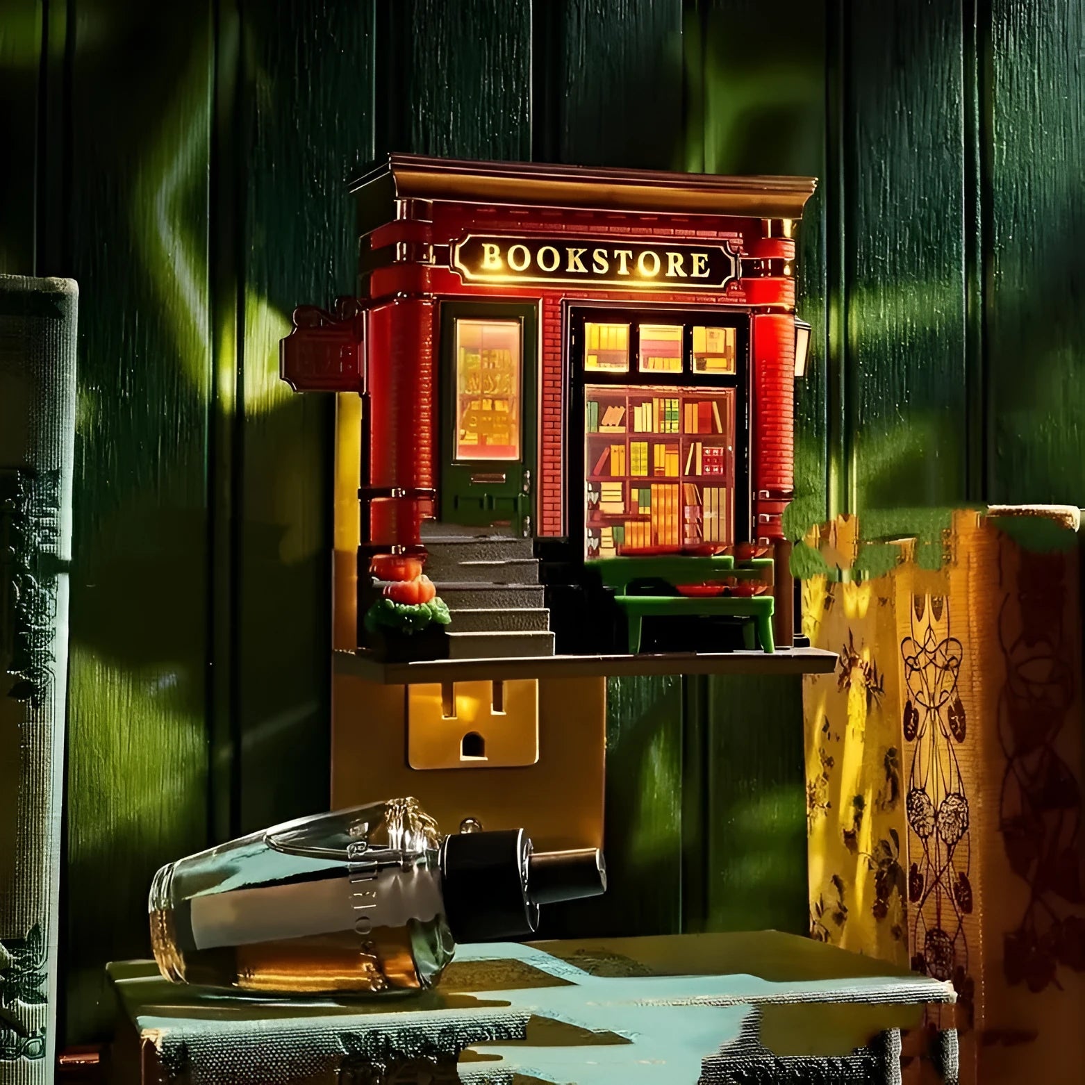 Small cartoon-style Christmas house night light ornament on a surface.