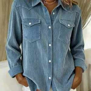 Women's light blue polyester denim cardigan jacket with distressed details, long sleeves, laid flat.