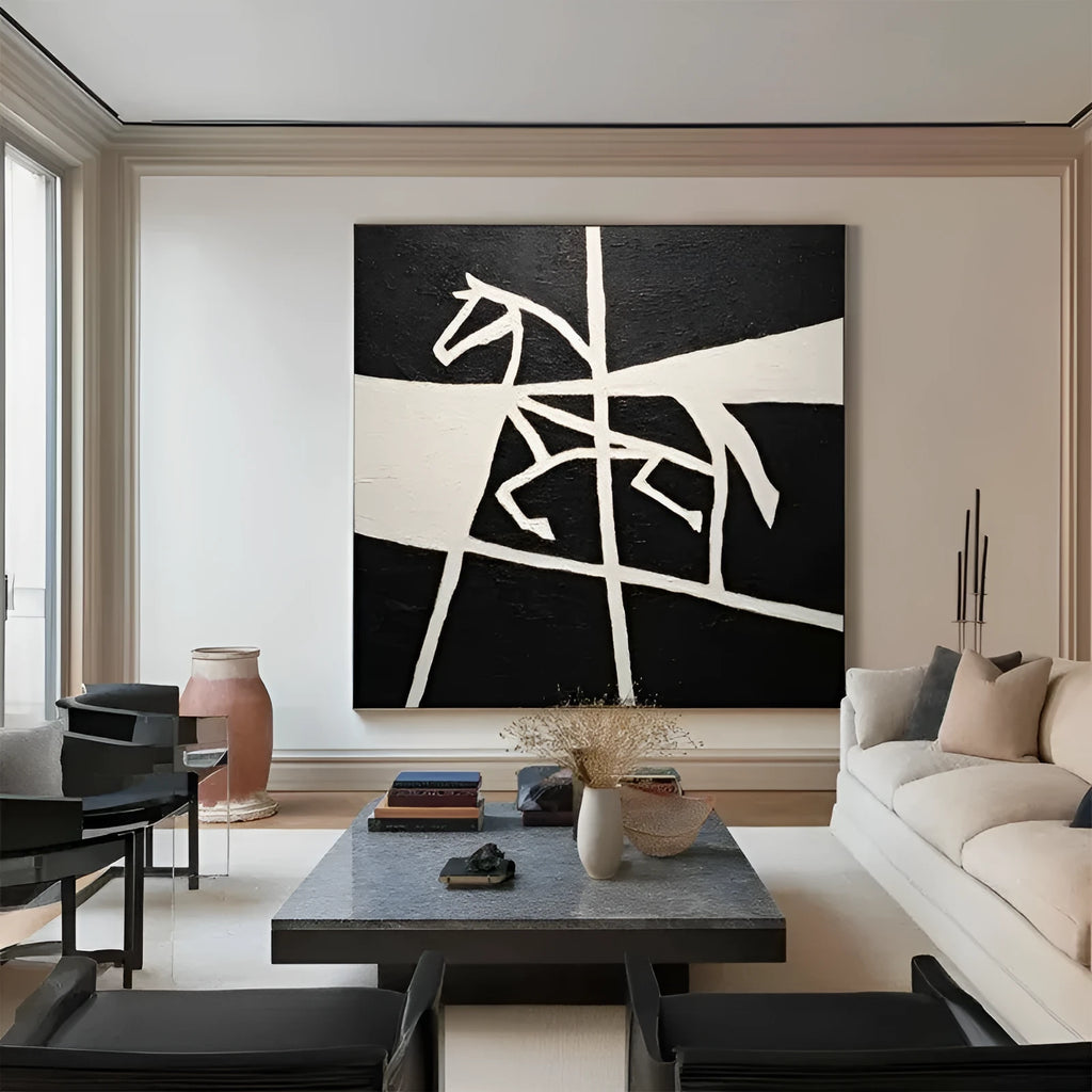 Handmade black and white horse oil painting on canvas, square frameless rolled wall art for home decor