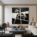 Handmade black and white horse oil painting on canvas, square frameless rolled wall art for home decor