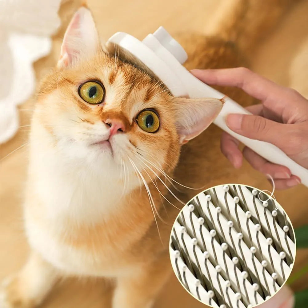 Self-cleaning pet brush with blue rubber handle and metal pins, shown with removed fur.