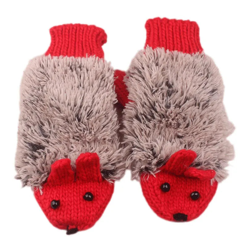Cartoon animal warm mittens in red colour, 28cm total length, wool-blend fabric for autumn and winter