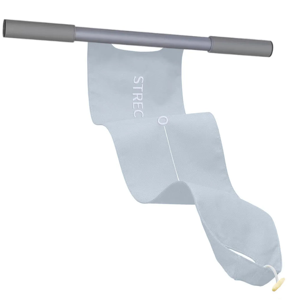 Grey and pink yoga multi-function stretching tool made of iron and plastic for shoulder and hip flexibility.