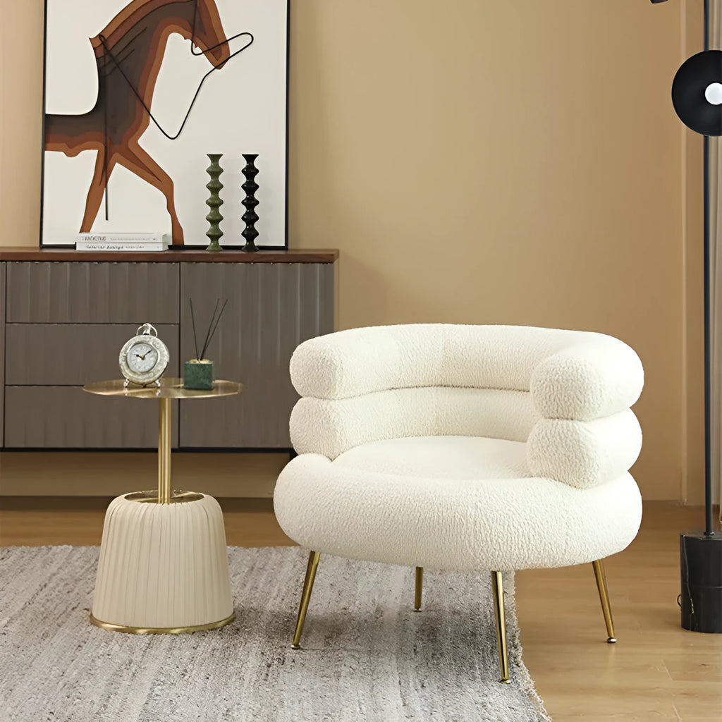 Nordic light luxury hot dog sofa chair in white cloth upholstery with art pattern, suitable for balcony or dressing room