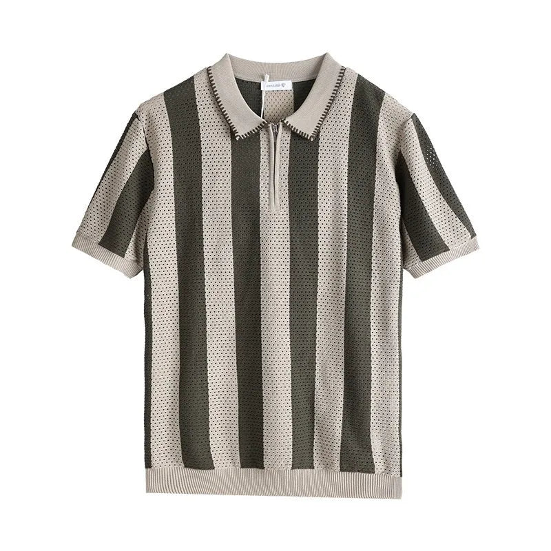 Man wearing a striped short-sleeved ice silk sweater with a zip detail on the front.