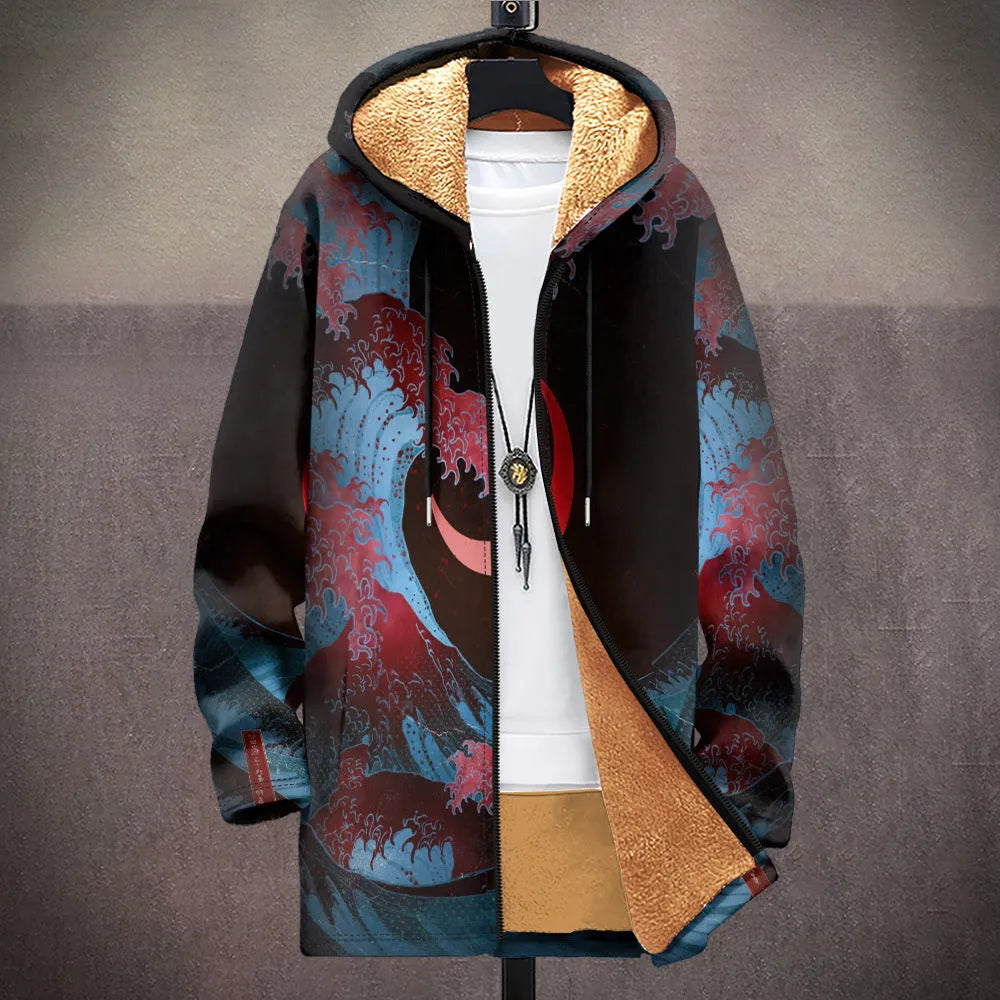 Men's loose fit zipper hooded cardigan with digital print pattern in multiple colour options