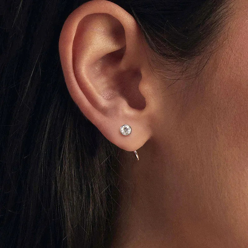 Silver moissanite ear hook with D colour stone, geometric line design, MSE105 certificate option, one pair for women