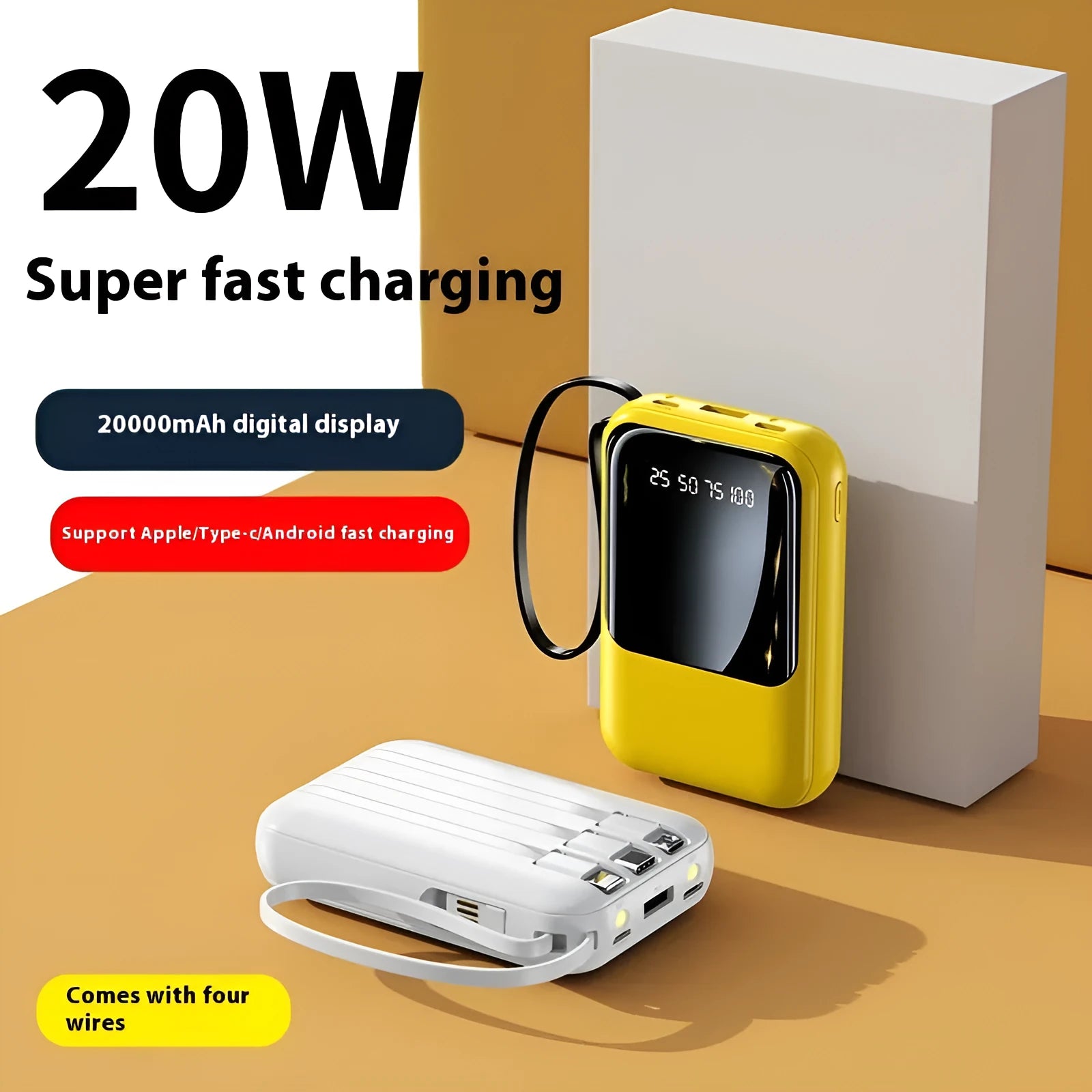 Small super fast charge power bank with cable in black plastic shell, compact design
