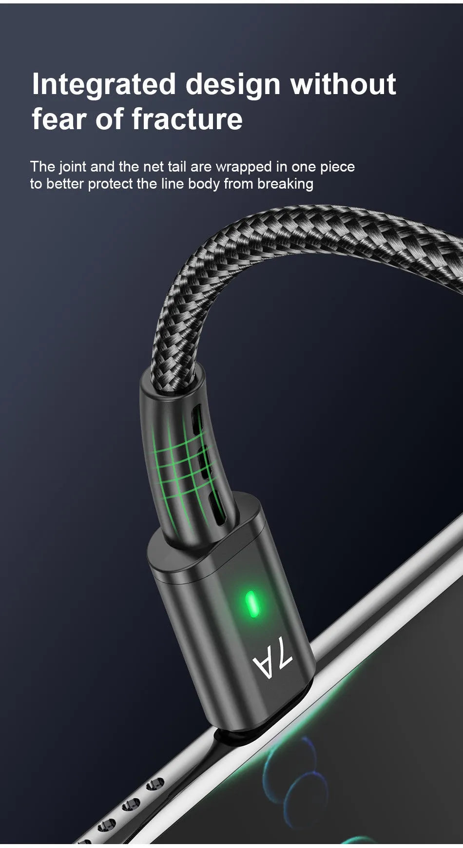 7A braided USB-C charging cable in 2 metre length with aluminium alloy connector, black colour