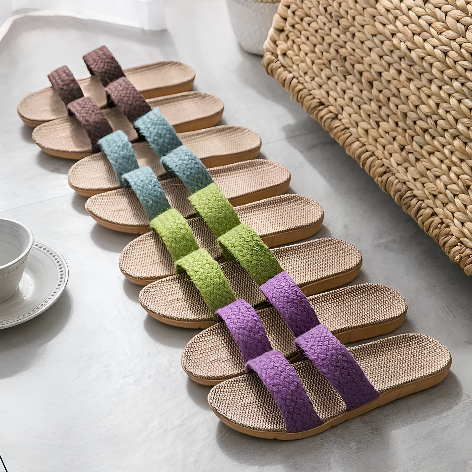 Women's indoor linen toe ring slippers with non-slip EVA sole in beige horizontal bar colour